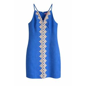 Lilly Pulitzer Pearl Shift Dress 6 Lapis Blue NWT Gold Trim $198